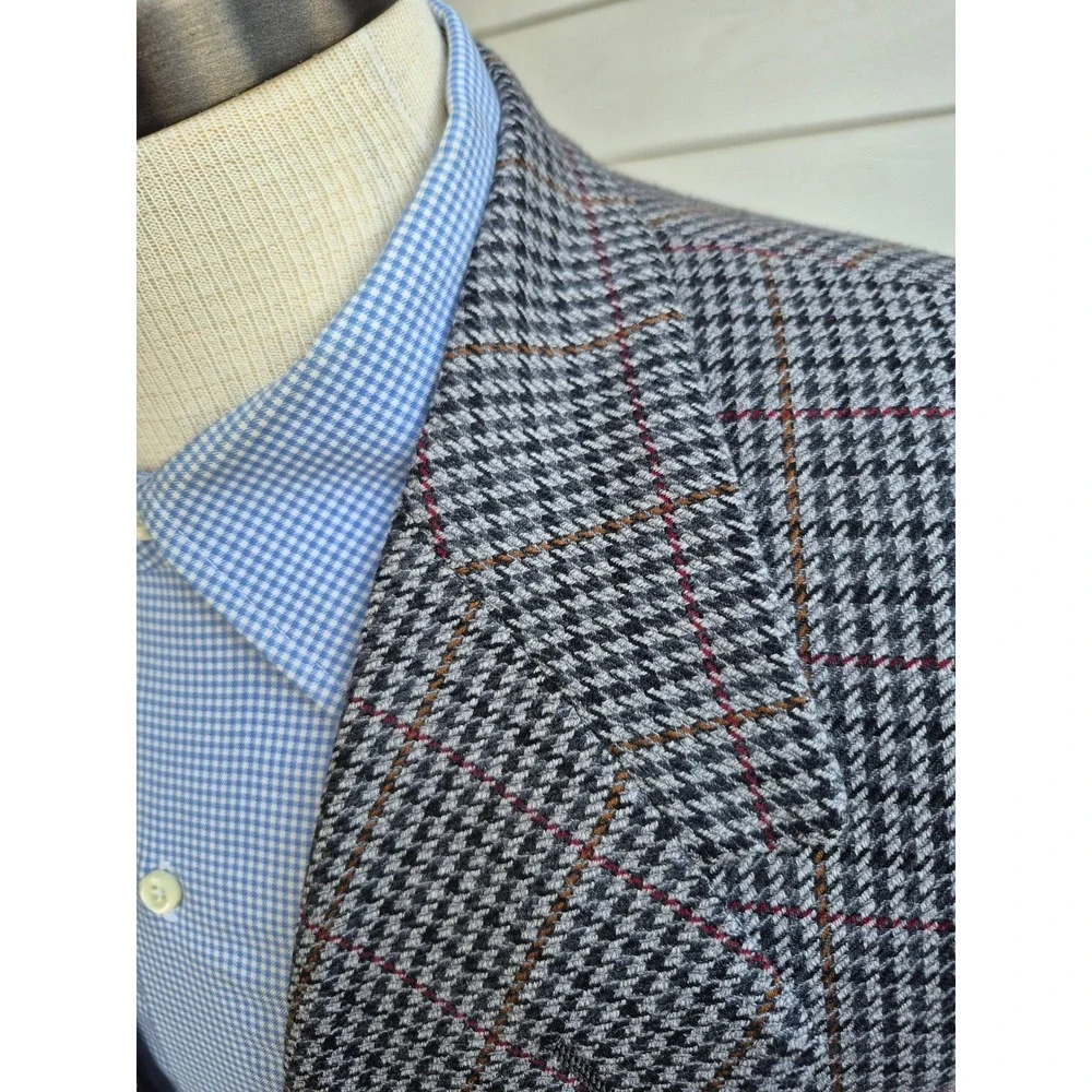 Oxxford Clothes Made By Hand Grey Houndstooth‎ Windowpane Sport Coat Sz 40 S R